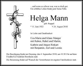 Traueranzeige von Helga Mann von RMZ