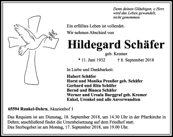 Traueranzeige von Hildegard Schäfer von RMZ