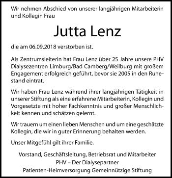 Traueranzeige von Jutta Lenz von RMZ