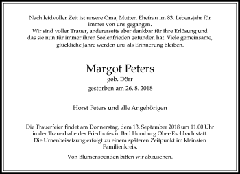 Traueranzeige von Margot Peters von RMZ