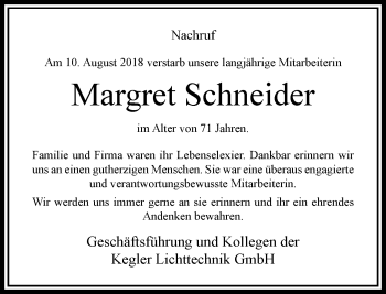 Traueranzeige von Margret Schneider von RMZ