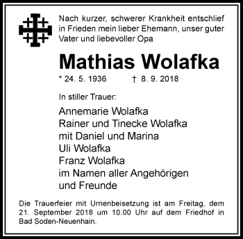 Traueranzeige von Mathias Wolafka von RMZ