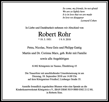 Traueranzeige von Robert Rohr von RMZ