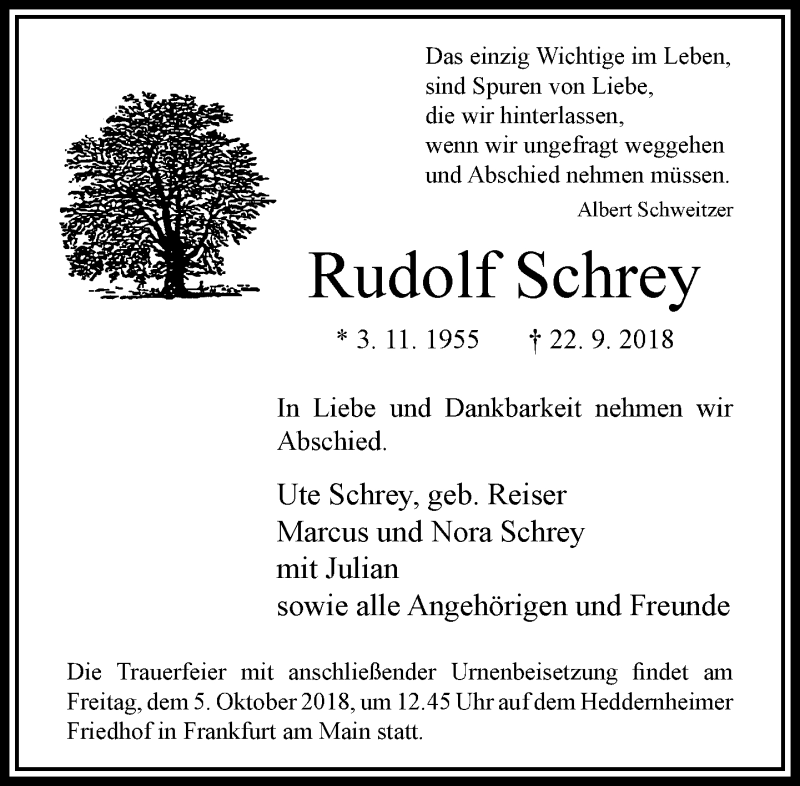  Traueranzeige für Rudolf Schrey vom 29.09.2018 aus RMZ