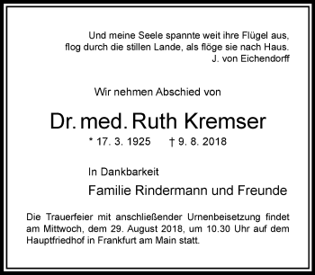 Traueranzeige von Ruth Kremser von RMZ