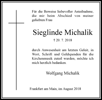 Traueranzeige von Sieglinde Michalik von RMZ