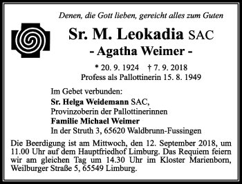 Traueranzeige von Sr. Leokadia  von RMZ