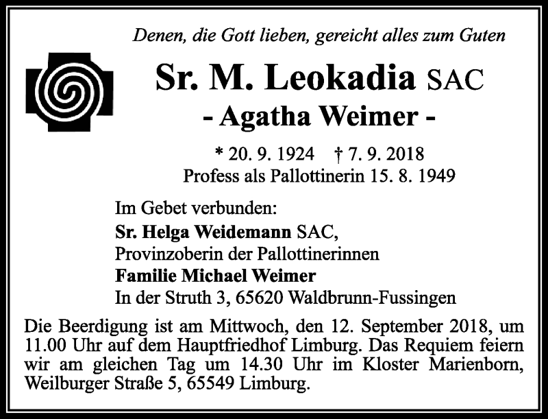  Traueranzeige für Sr. Leokadia  vom 11.09.2018 aus RMZ