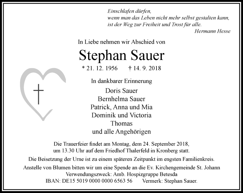  Traueranzeige für Stephan Sauer vom 20.09.2018 aus RMZ