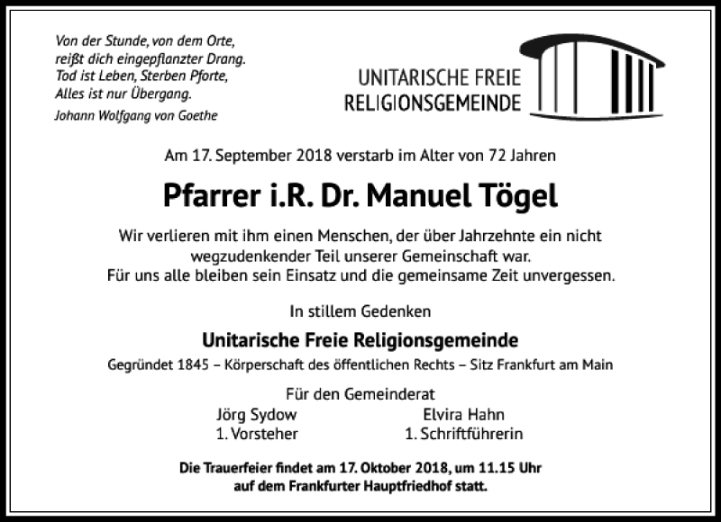  Traueranzeige für i. R. Dr. Manuel Tögel vom 29.09.2018 aus Rhein Main Media