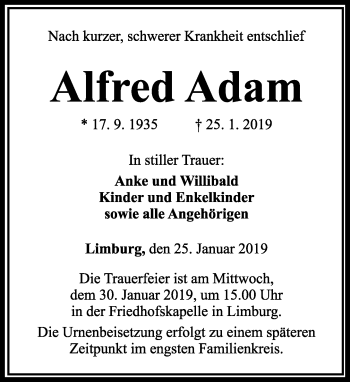 Traueranzeige von Alfred Adam von RMZ