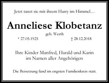 Traueranzeige von Anneliese Klobetanz von RMZ