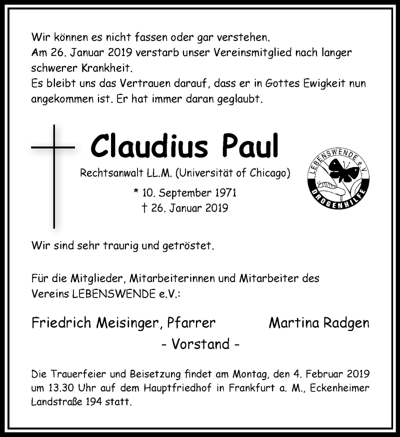  Traueranzeige für Claudius Paul vom 01.02.2019 aus RMZ