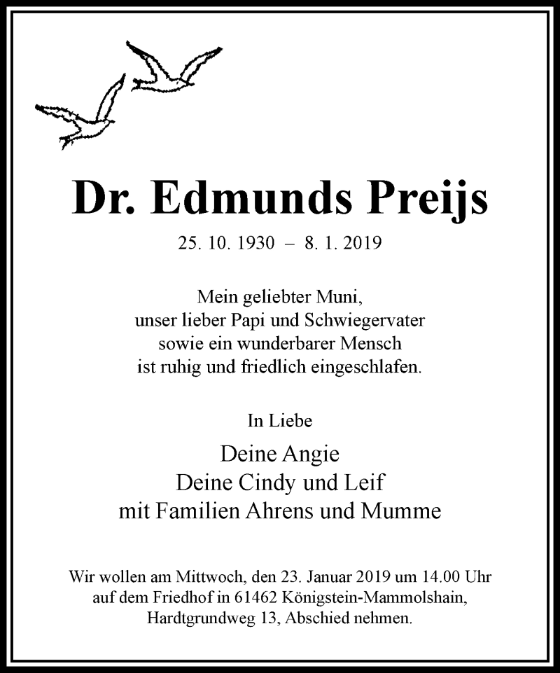  Traueranzeige für Edmunds Preijs vom 18.01.2019 aus RMZ