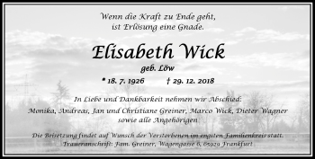 Traueranzeige von Elisabeth Wick von RMZ