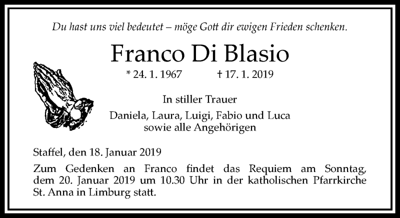  Traueranzeige für Franco  Di Blasio vom 18.01.2019 aus RMZ