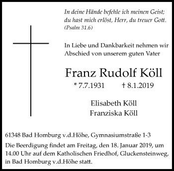 Traueranzeige von Franz Rudolf Köll von RMZ