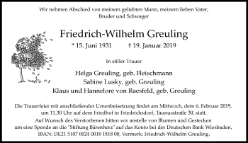 Traueranzeige von Friedrich-Wilhelm Greuling von RMZ