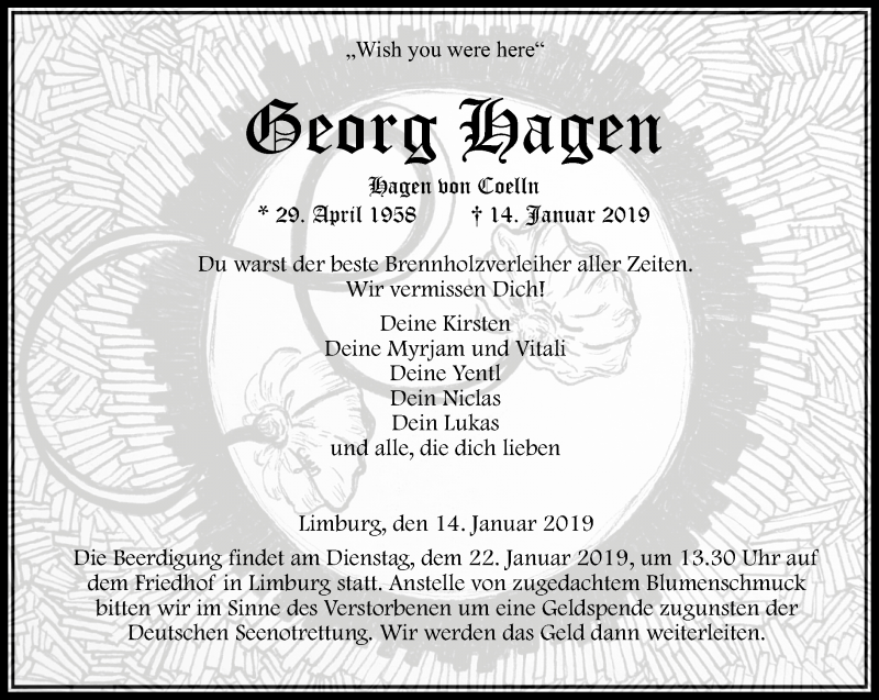  Traueranzeige für Georg Hagen vom 19.01.2019 aus RMZ