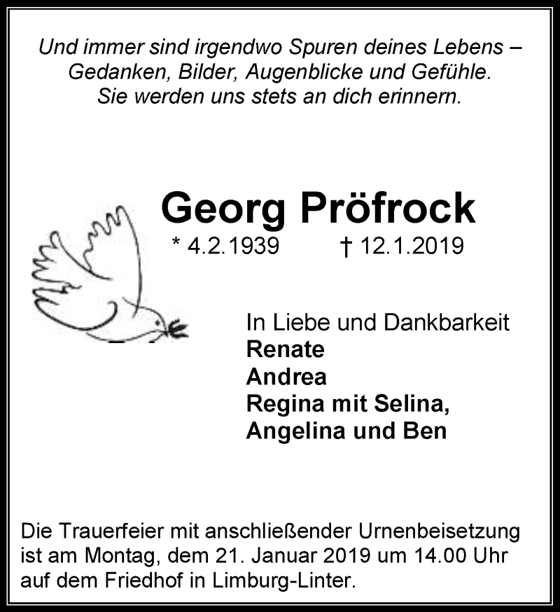  Traueranzeige für Georg Pröfrock vom 19.01.2019 aus RMZ