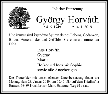 Traueranzeige von György Horváth von RMZ