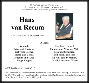 Traueranzeige von Hans  van Recum von RMZ