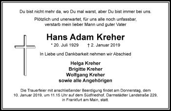 Traueranzeige von Hans Adam Kreher von RMZ