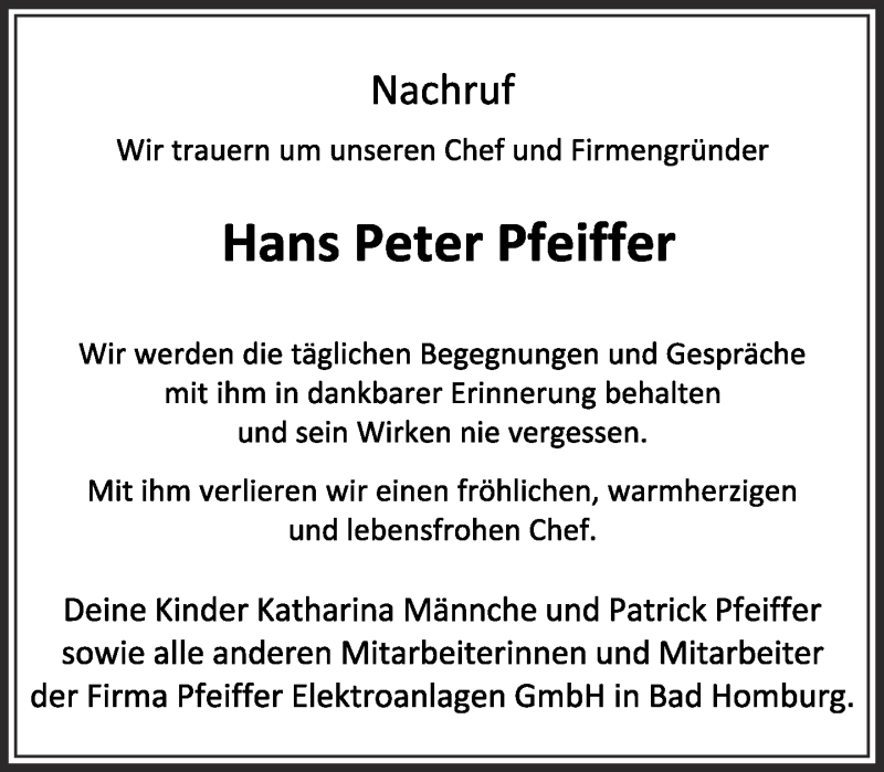  Traueranzeige für Hans Peter Pfeiffer vom 09.01.2019 aus RMZ