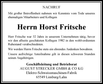 Traueranzeige von Horst Fritsche von RMZ
