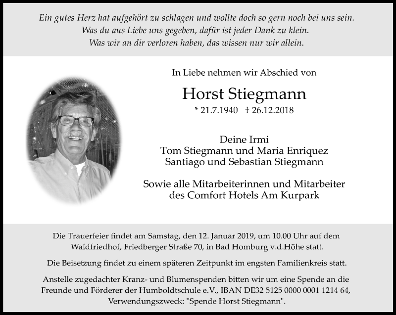  Traueranzeige für Horst Stiegmann vom 05.01.2019 aus RMZ