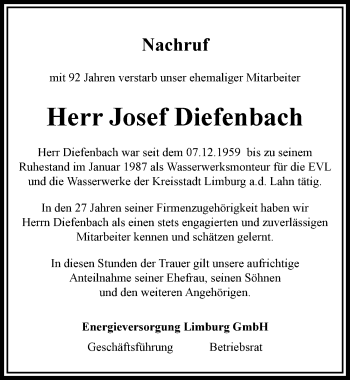 Traueranzeige von Josef Diefenbach von RMZ