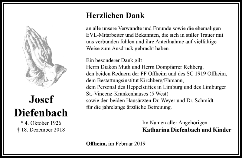  Traueranzeige für Josef Diefenbach vom 02.02.2019 aus RMZ