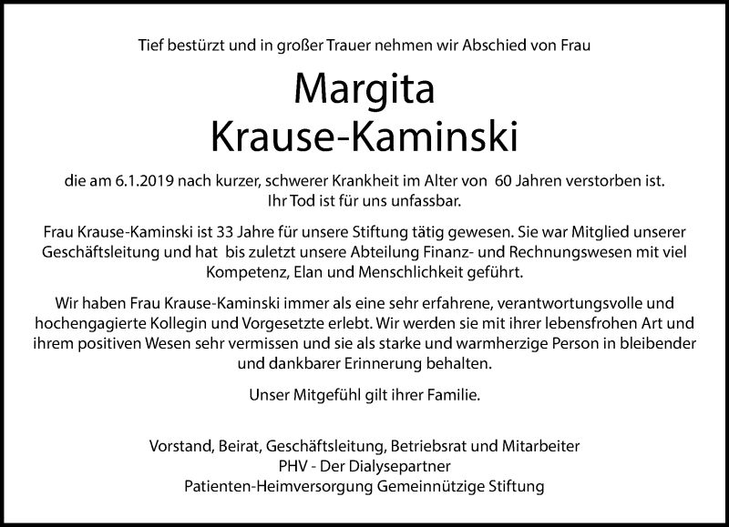  Traueranzeige für Margita Krause-Kaminski vom 15.01.2019 aus RMZ