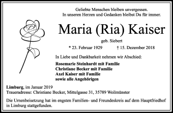 Traueranzeige von Maria Kaiser von RMZ