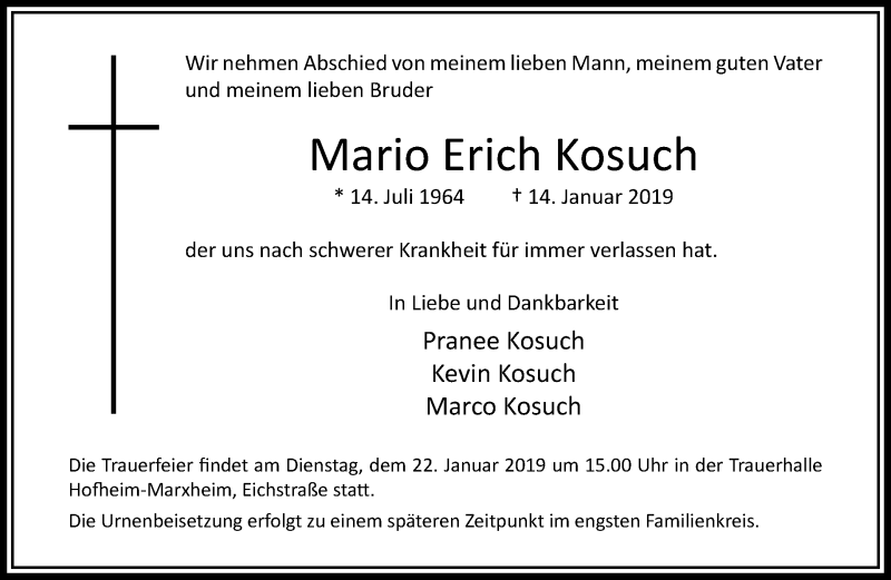  Traueranzeige für Mario Erich Kosuch vom 19.01.2019 aus RMZ