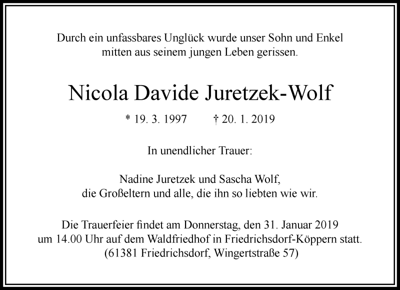  Traueranzeige für Nicola Davide Juretzek-Wolf vom 29.01.2019 aus RMZ