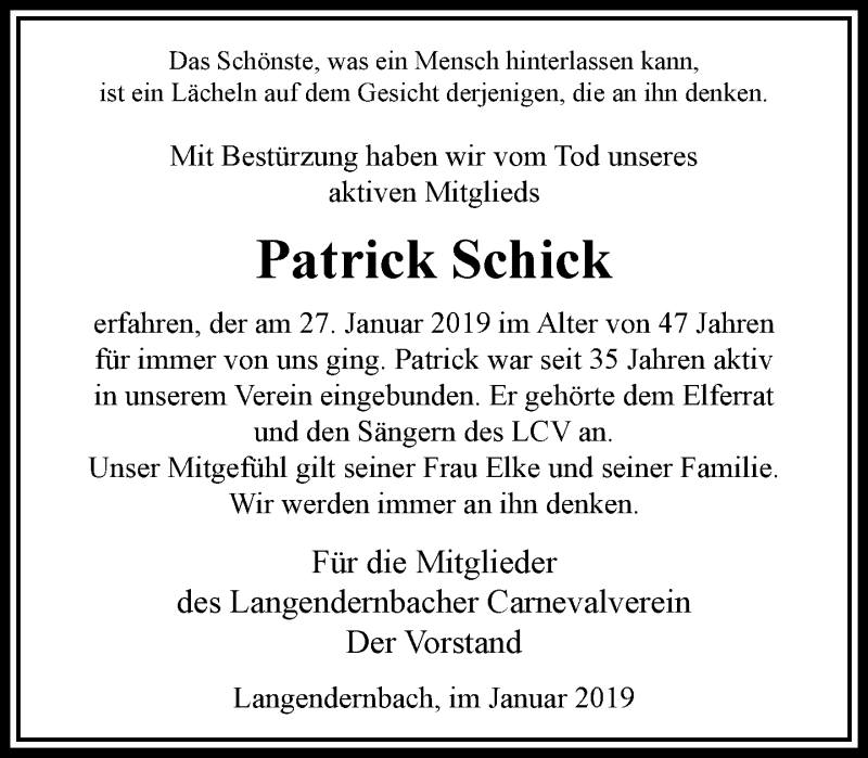  Traueranzeige für Patrick Schick vom 30.01.2019 aus RMZ