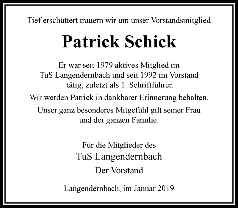  Traueranzeige für Patrick Schick vom 30.01.2019 aus RMZ