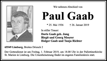 Traueranzeige von Paul Gaab von RMZ