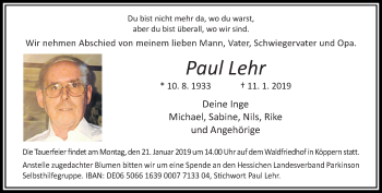 Traueranzeige von Paul Lehr von RMZ