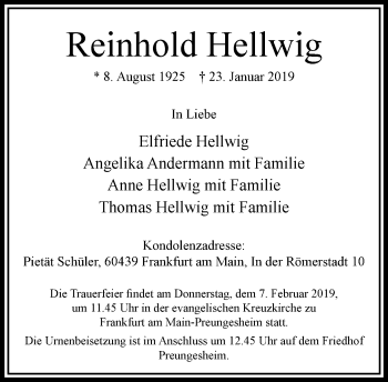 Traueranzeige von Reinhold Hellwig von RMZ
