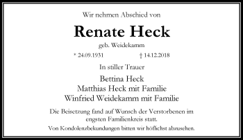 Traueranzeige von Renate Heck von RMZ