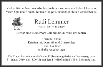 Traueranzeige von Rudi Lemmer von RMZ