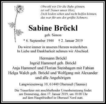 Traueranzeige von Sabine Bröckl von RMZ