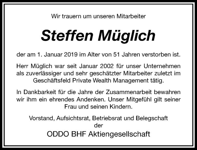  Traueranzeige für Steffen Müglich vom 05.01.2019 aus RMZ