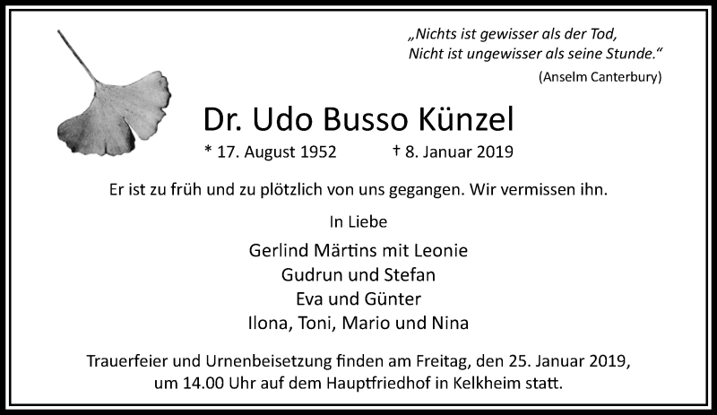  Traueranzeige für Udo Busso Künzel vom 19.01.2019 aus RMZ