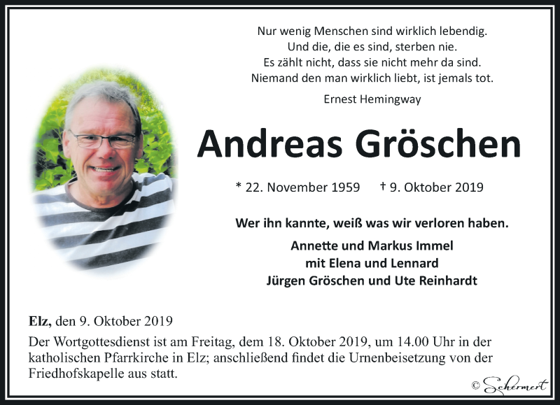  Traueranzeige für Andreas Gröschen vom 15.10.2019 aus RMZ