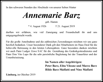 Traueranzeige von Annemarie Barz von RMZ