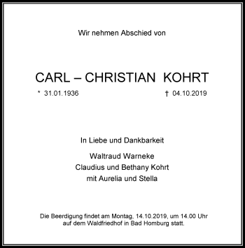 Traueranzeige von Carl-Christian Kohrt von RMZ