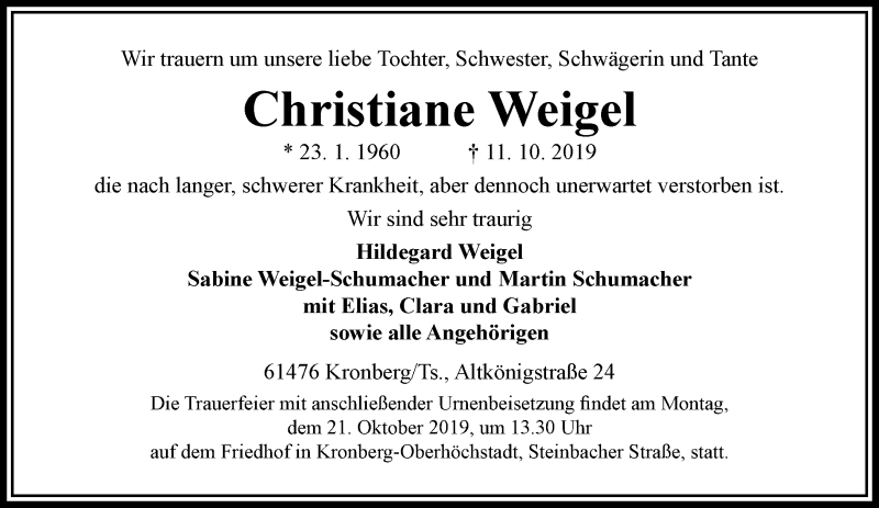 Traueranzeigen von Christine Weigel | trauer-rheinmain.de